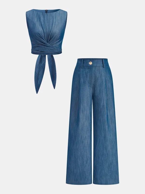 Cross-Tie Crop Top & Wide-Leg Pants Set made by COMMENSE