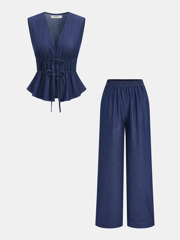 Faux Denim Tie-Waist Vest & Pants Set sold by COMMENSE