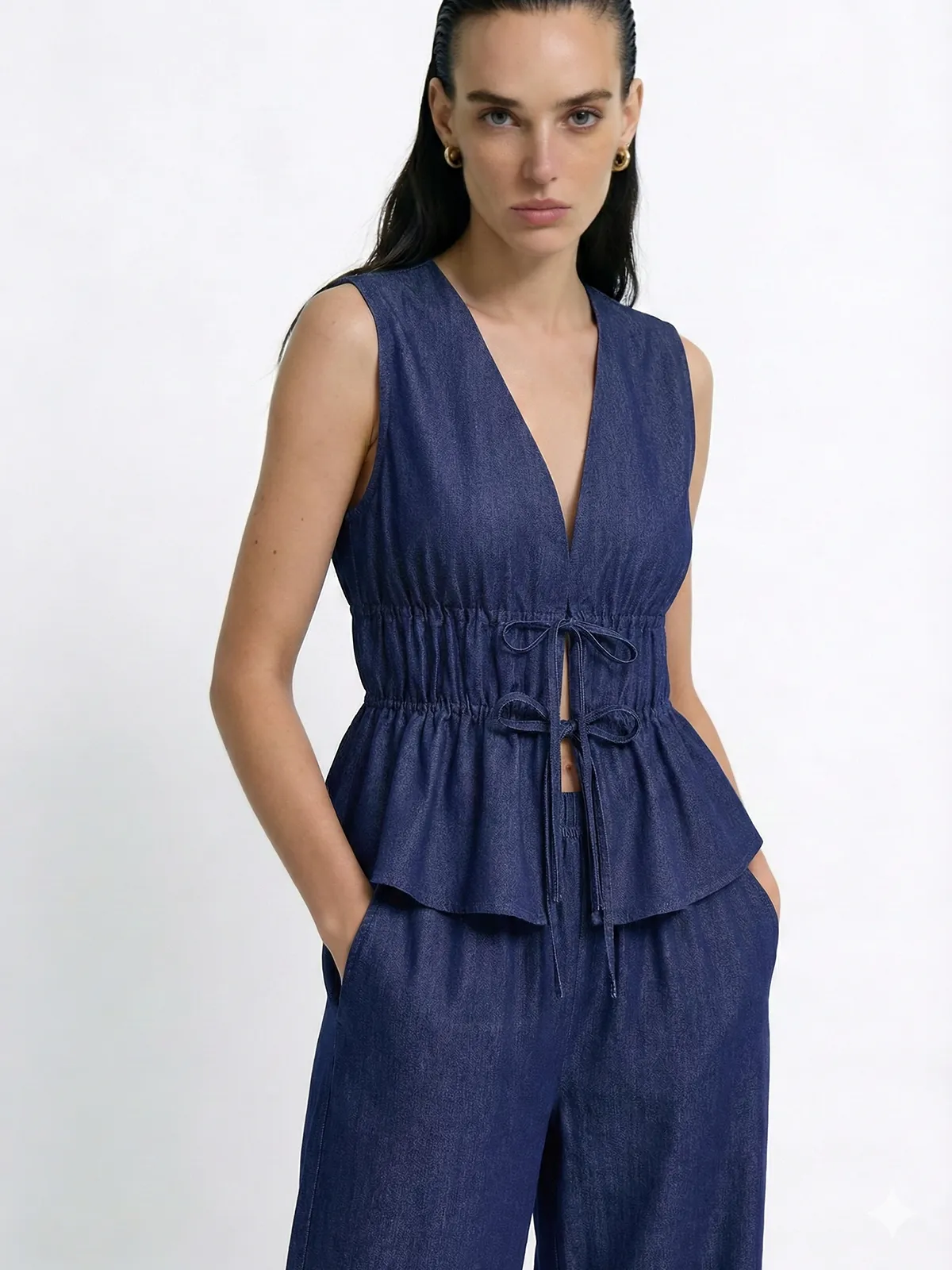 Faux Denim Tie-Waist Vest & Pants Set sold by COMMENSE product image thumbnail 2