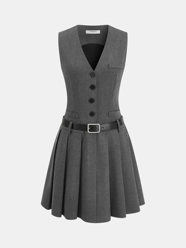 Belted Sleeveless Pleated Blazer Dress sold by COMMENSE