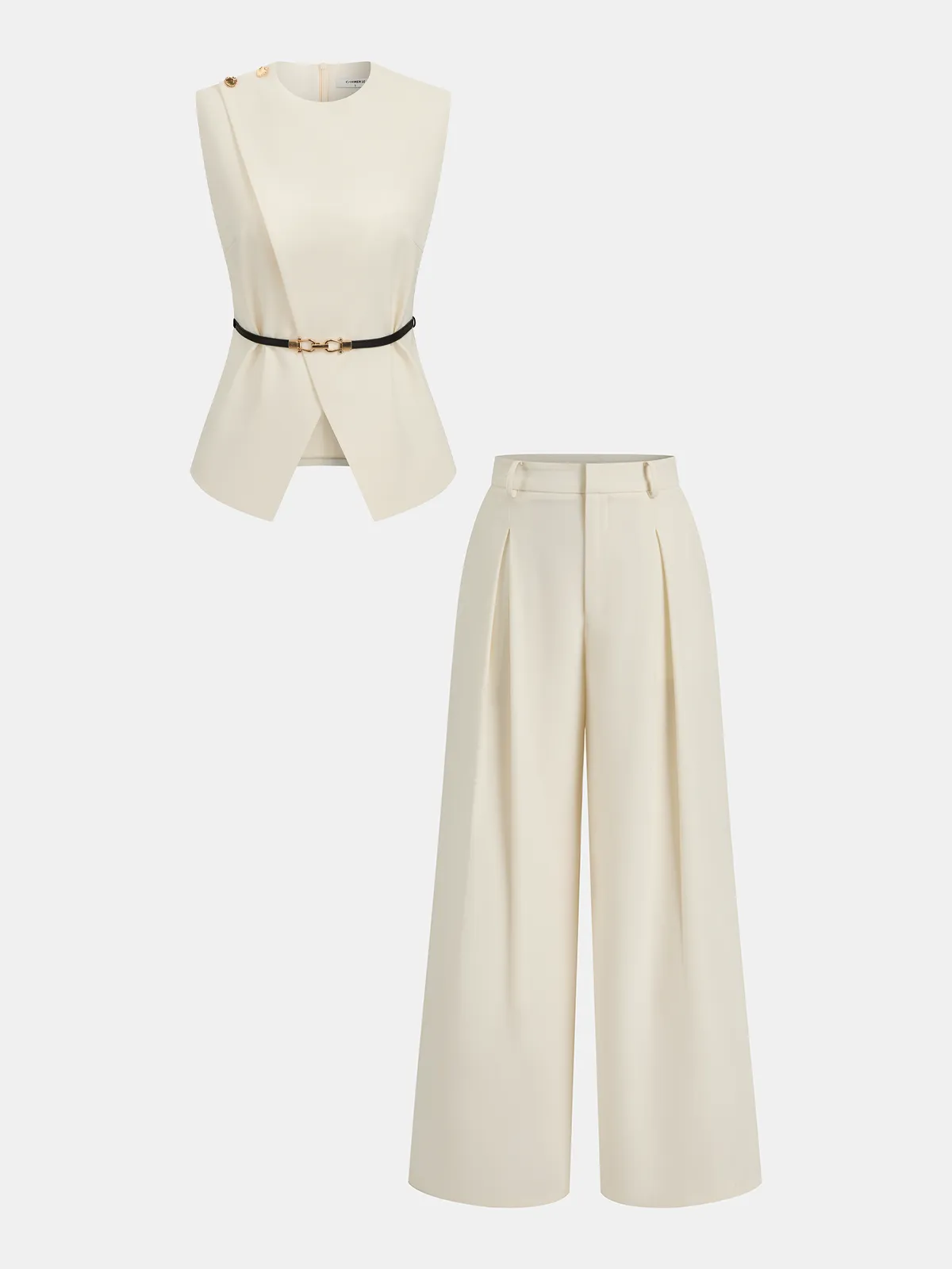 Semi-Sheer Sleeveless Belted Top & Pleated Pants Set sold by COMMENSE