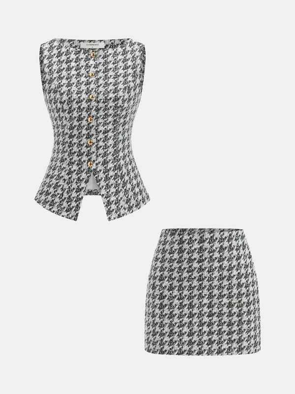 Metal Button Houndstooth Vest & Mini Skirt Set sold by COMMENSE