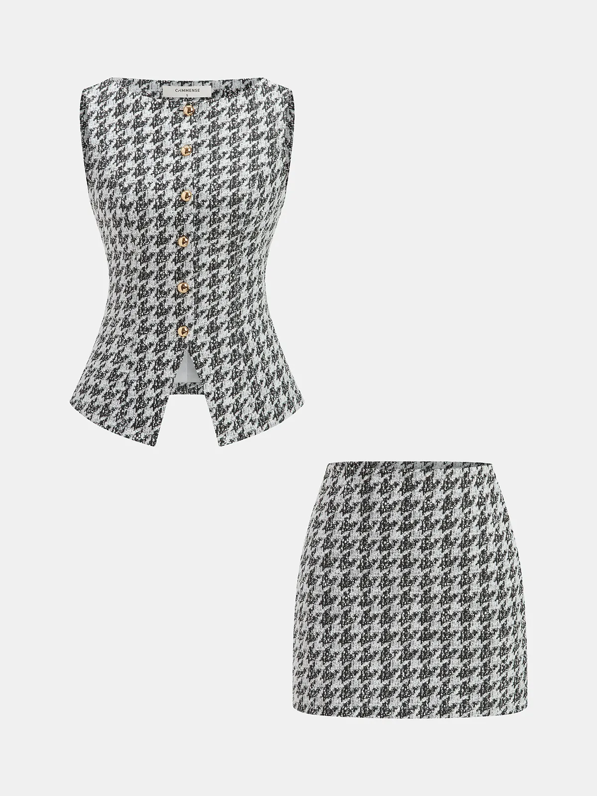 Metal Button Houndstooth Vest & Mini Skirt Set sold by COMMENSE