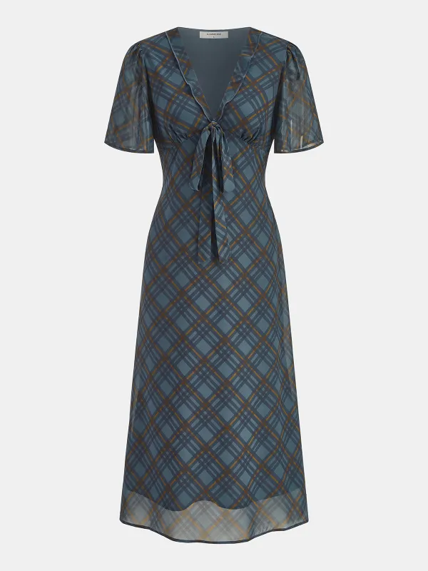 Tie-Front Plaid Chiffon Midi Dress sold by COMMENSE
