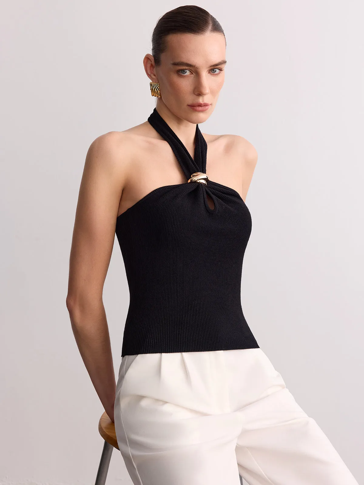 Ring Detail Ribbed Knit Halter Top sold by COMMENSE product image thumbnail 3