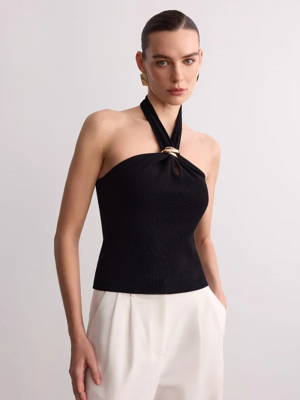 Ring Detail Ribbed Knit Halter Top made by COMMENSE