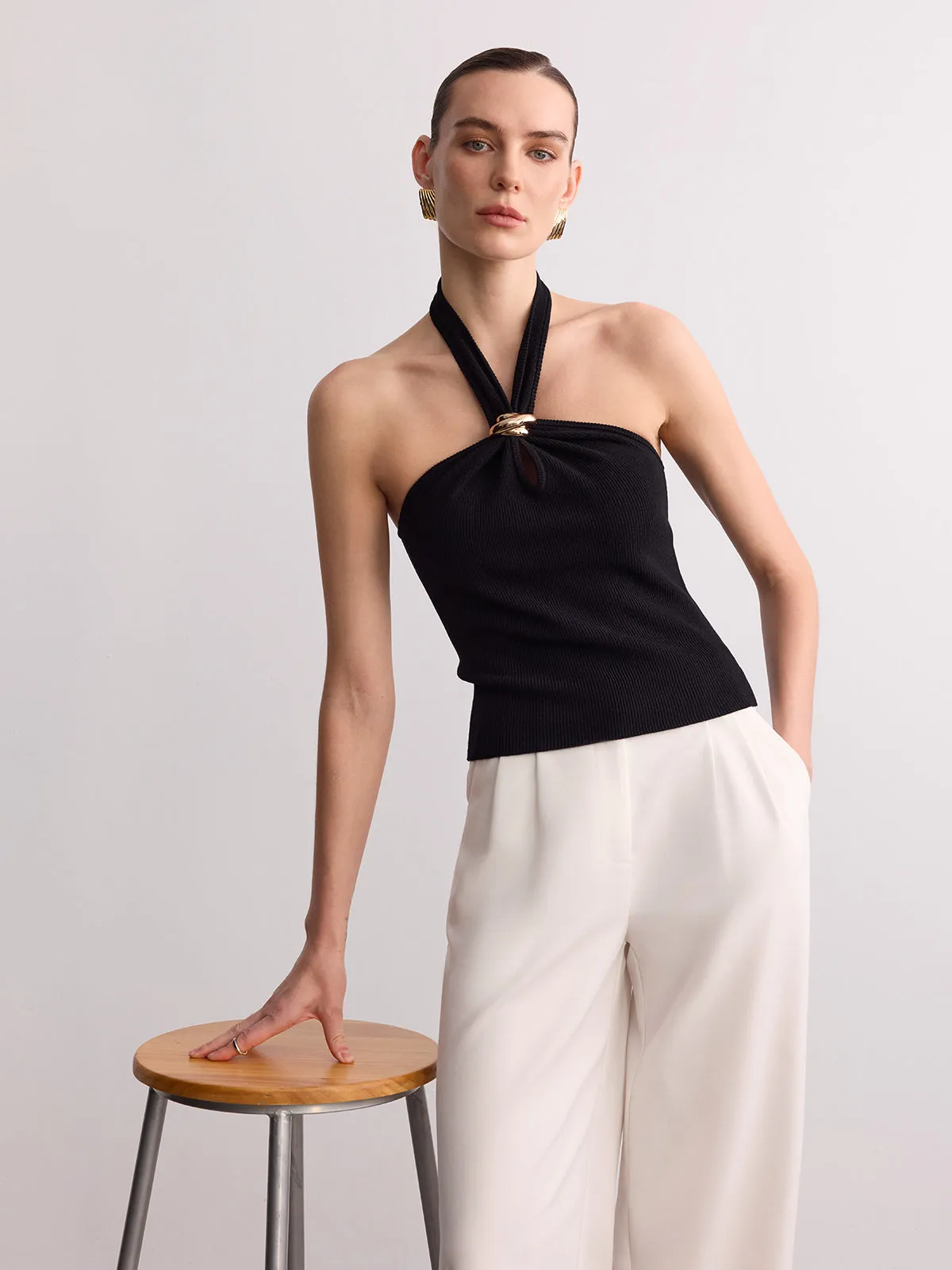 Ring Detail Ribbed Knit Halter Top sold by COMMENSE product image thumbnail 2