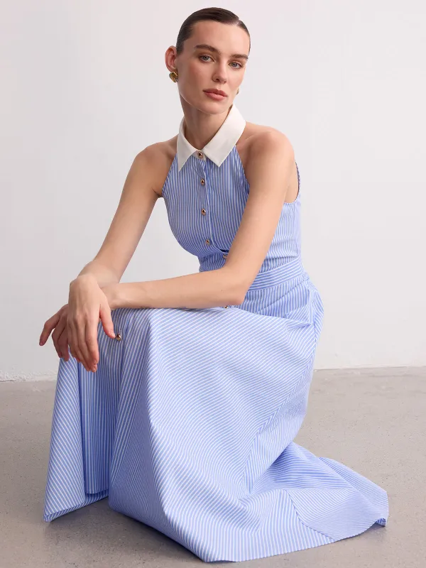 Collared Striped Sleeveless Buttoned Maxi Dress made by COMMENSE