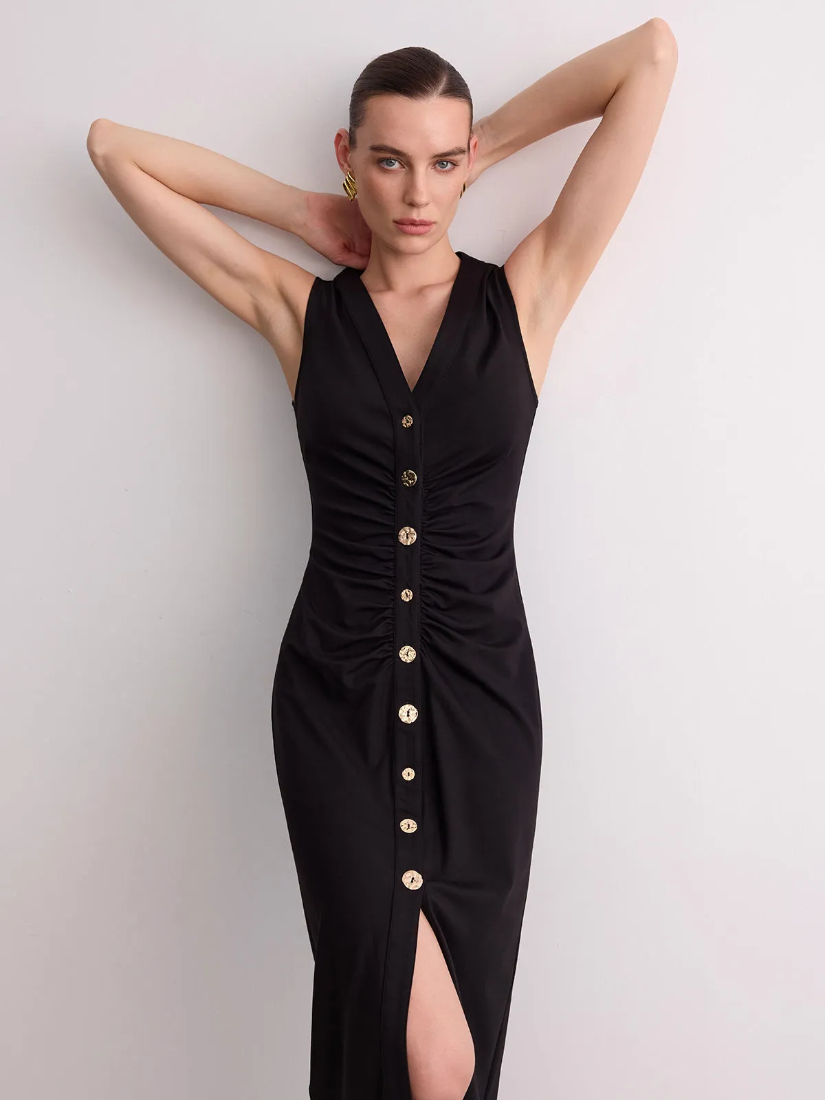 Sleeveless V-Neck Ruched Button-Front Midi Dress sold by COMMENSE product image thumbnail 4