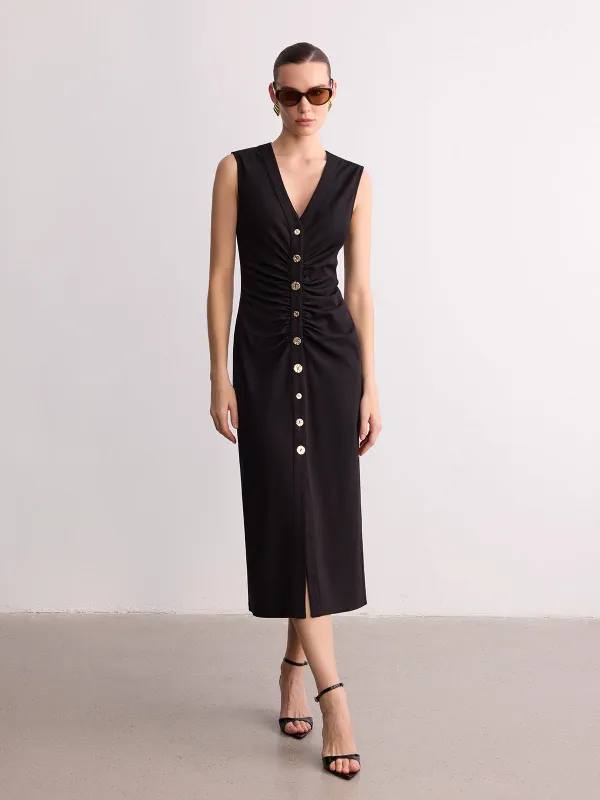 Sleeveless V-Neck Ruched Button-Front Midi Dress sold by COMMENSE
