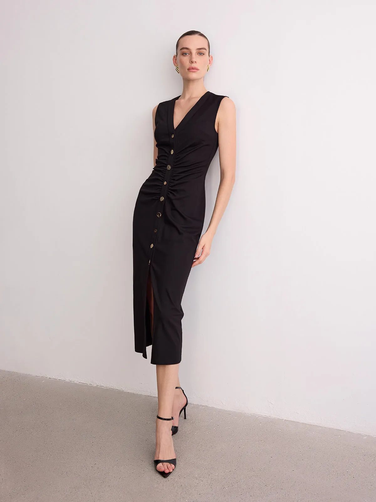 Sleeveless V-Neck Ruched Button-Front Midi Dress sold by COMMENSE product image thumbnail 3