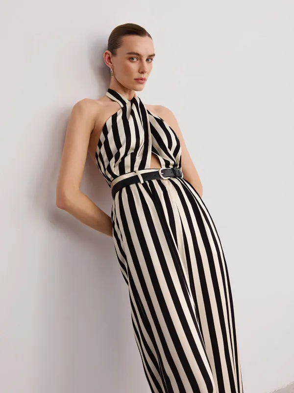 Halter Striped Belted Jumpsuit made by COMMENSE