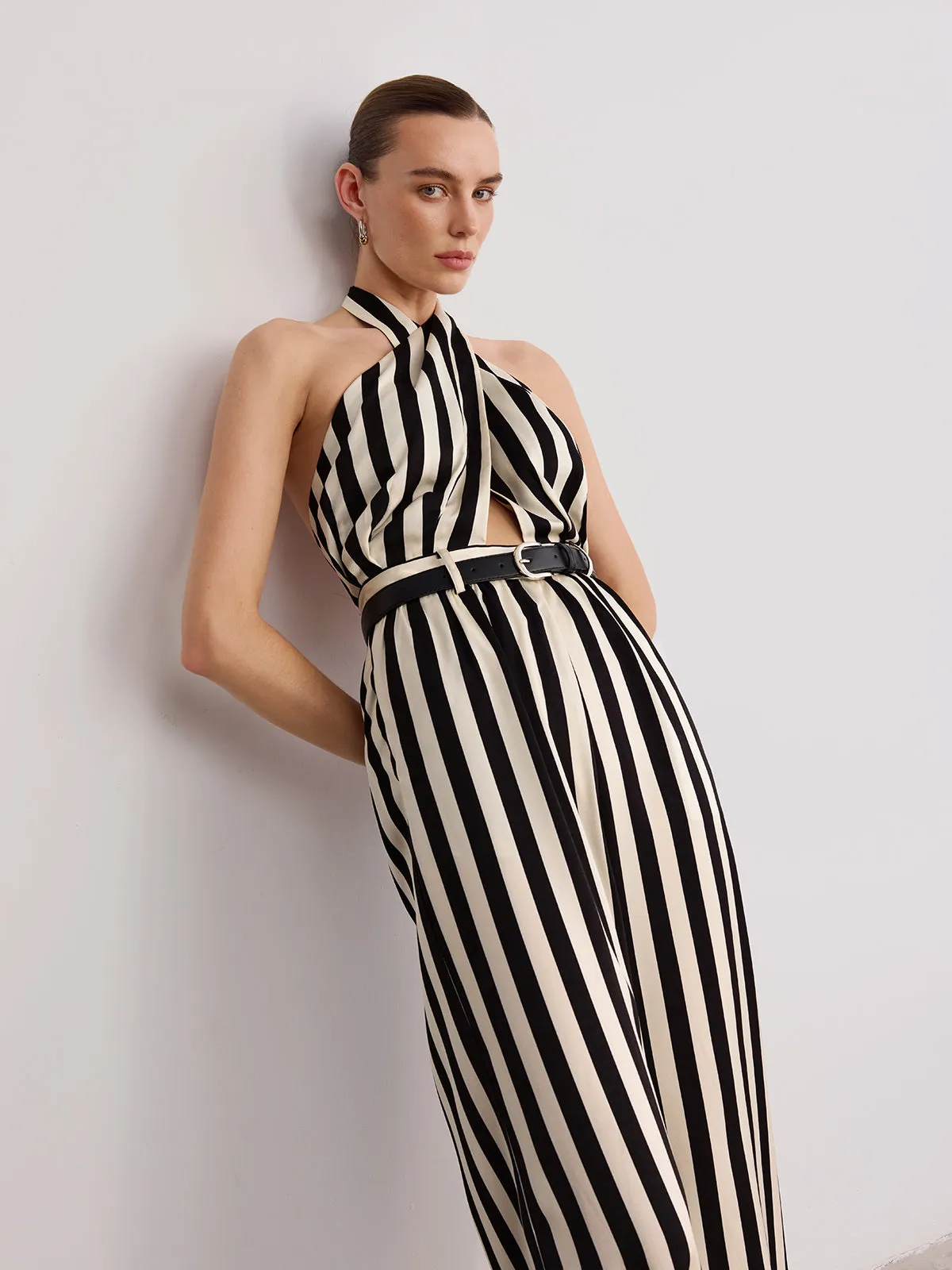 Halter Striped Belted Jumpsuit sold by COMMENSE