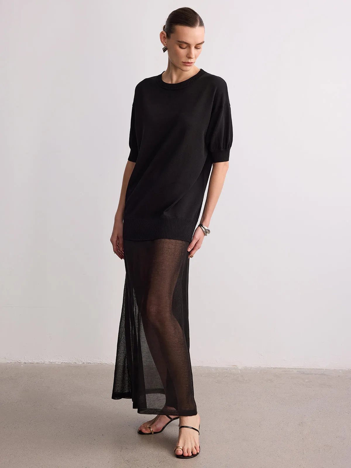 Short Sleeve Sheer Hem Knit Maxi Dress sold by COMMENSE product image thumbnail 2