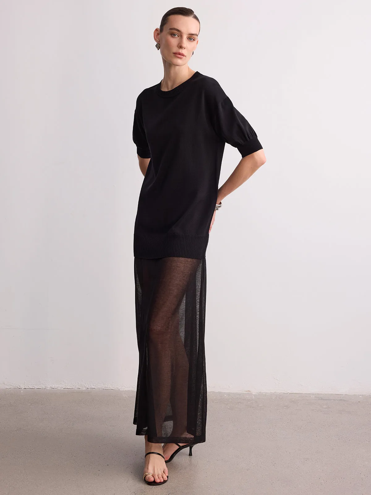 Short Sleeve Sheer Hem Knit Maxi Dress sold by COMMENSE product image thumbnail 3
