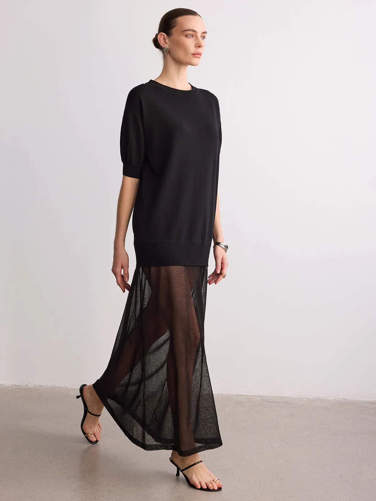 Short Sleeve Sheer Hem Knit Maxi Dress sold by COMMENSE product image thumbnail 4