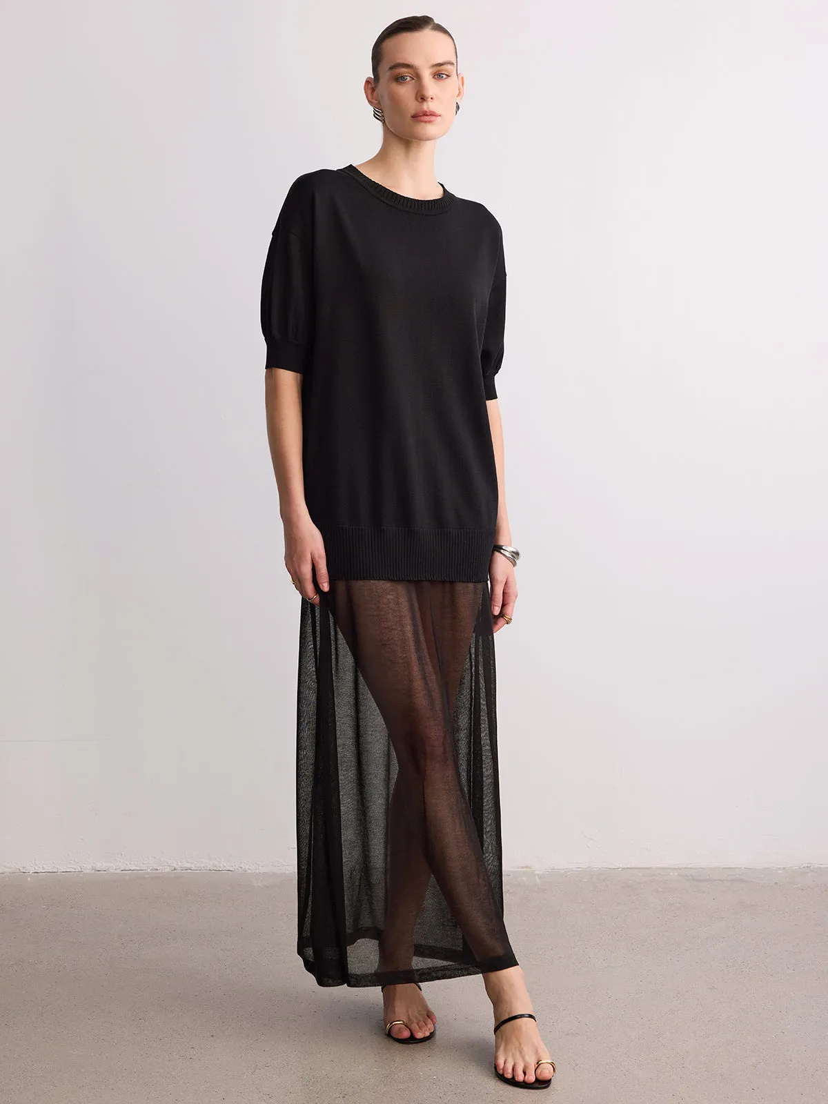 Short Sleeve Sheer Hem Knit Maxi Dress sold by COMMENSE