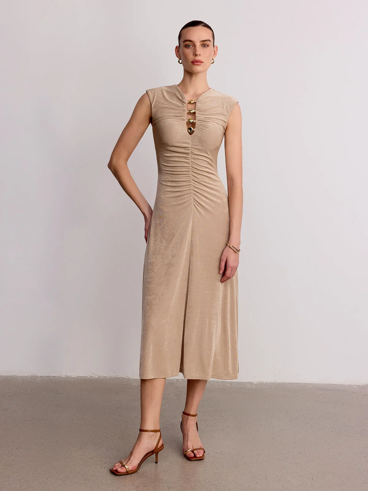 Metal Detail Sleeveless Ruched Maxi Dress sold by COMMENSE product image thumbnail 2