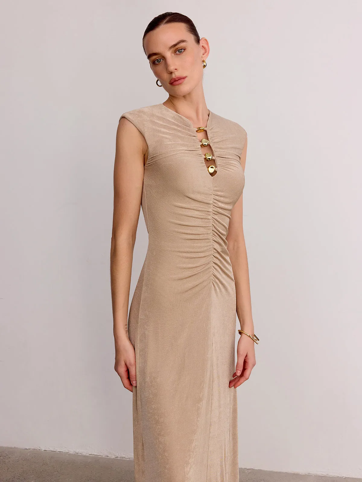 Metal Detail Sleeveless Ruched Maxi Dress sold by COMMENSE product image thumbnail 3