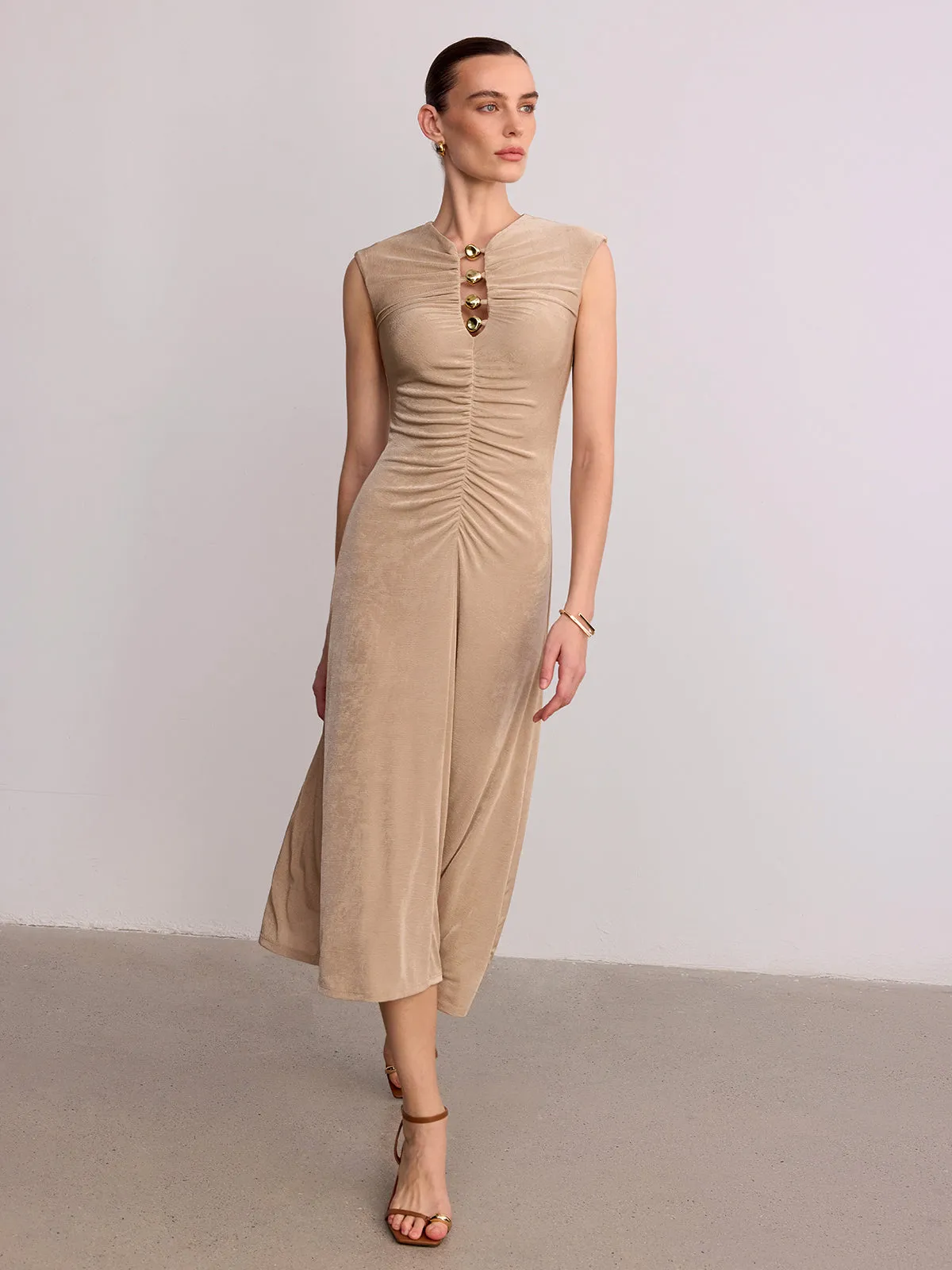 Metal Detail Sleeveless Ruched Maxi Dress sold by COMMENSE product image thumbnail 4