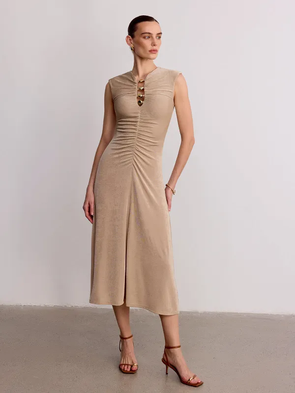 Metal Detail Sleeveless Ruched Maxi Dress made by COMMENSE