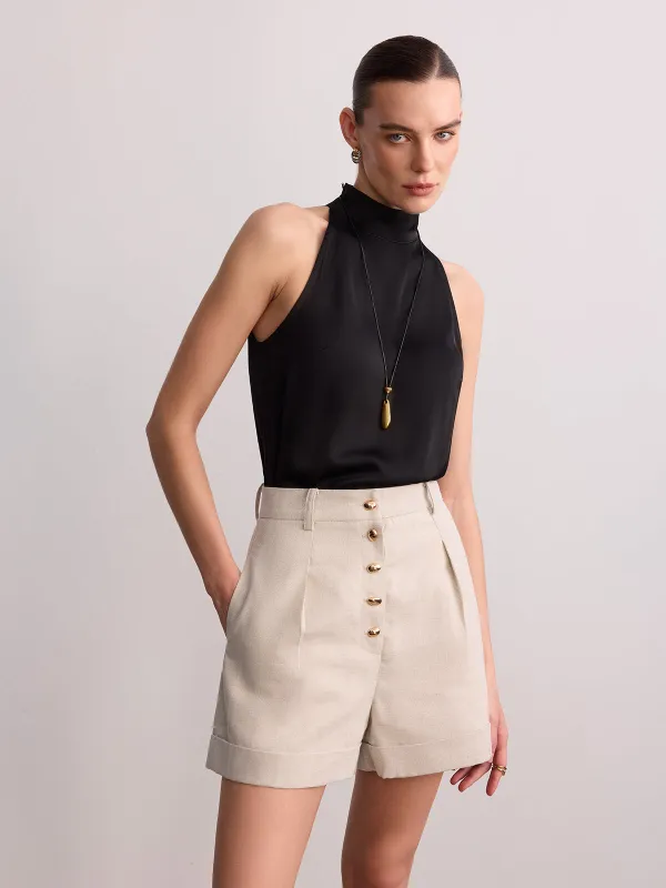 Metal Button Cotton Linen Cuffed Shorts made by COMMENSE