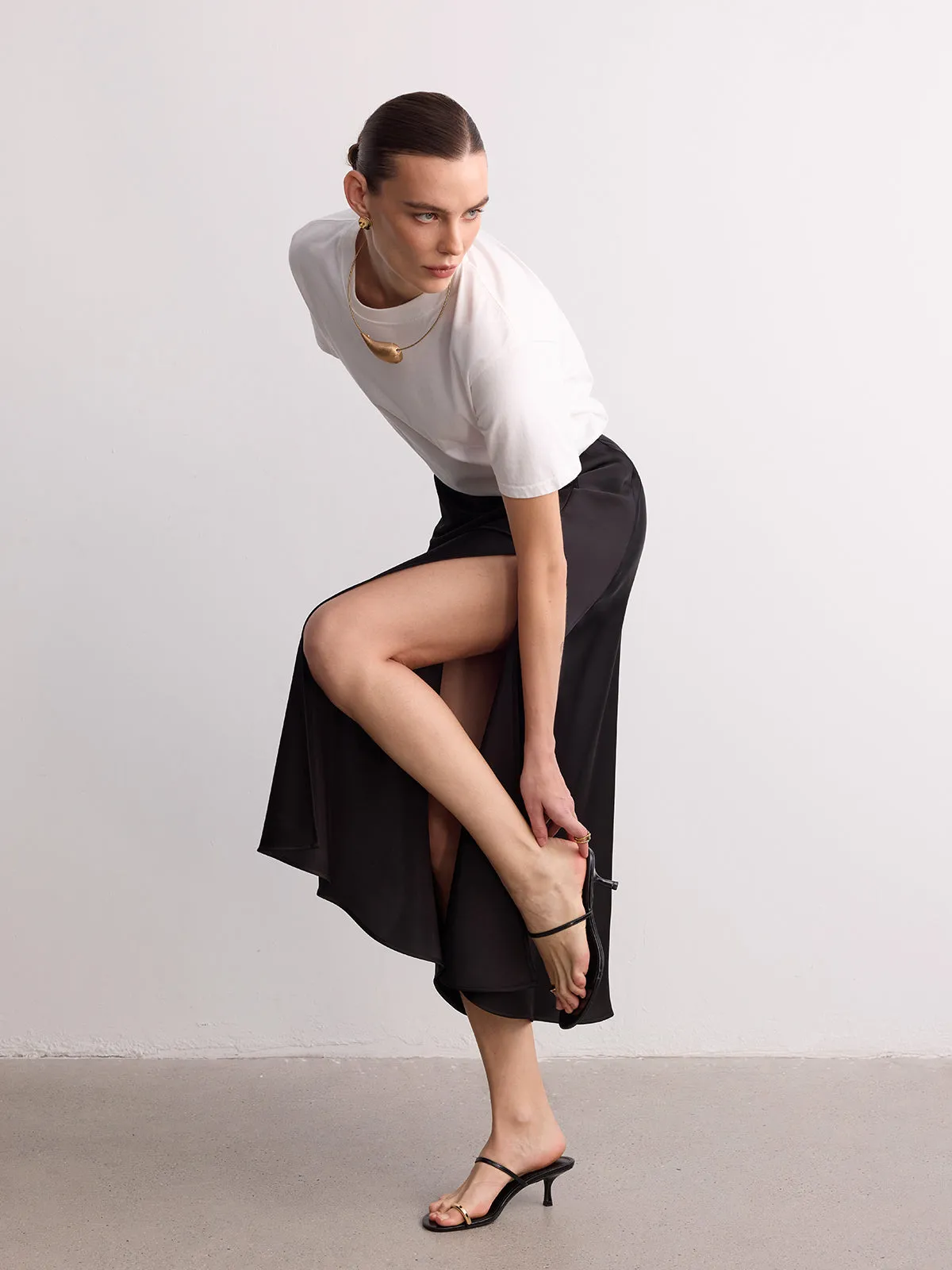 High Slit Satin Maxi Skirt sold by COMMENSE