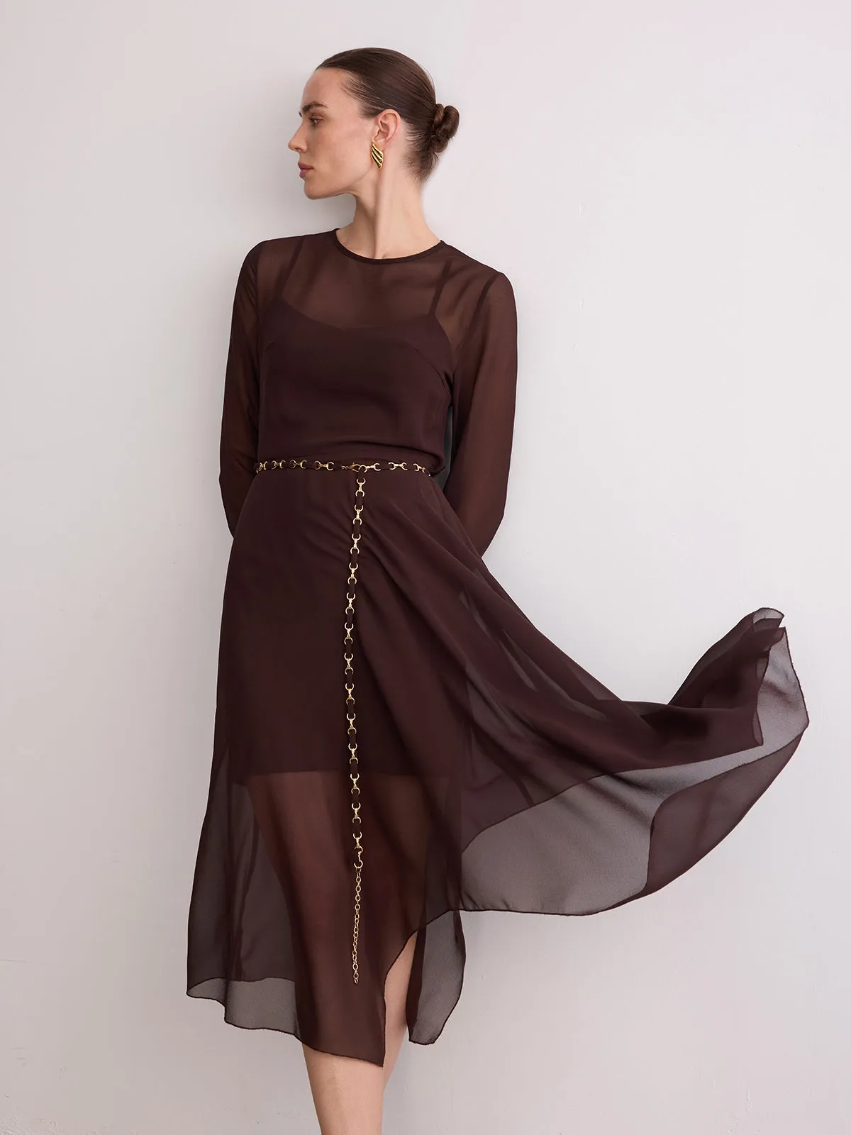 Belted Sheer Chiffon Long Sleeve Maxi Dress sold by COMMENSE product image thumbnail 4