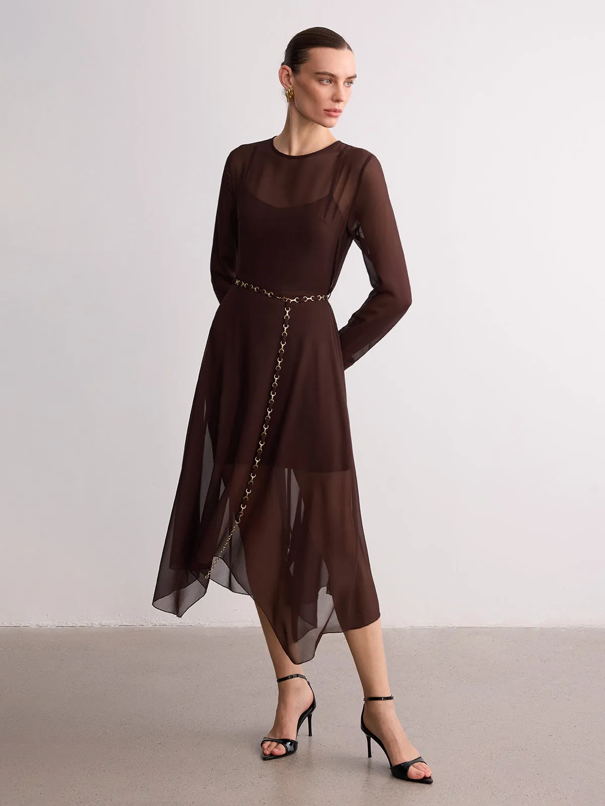 Belted Sheer Chiffon Long Sleeve Maxi Dress sold by COMMENSE