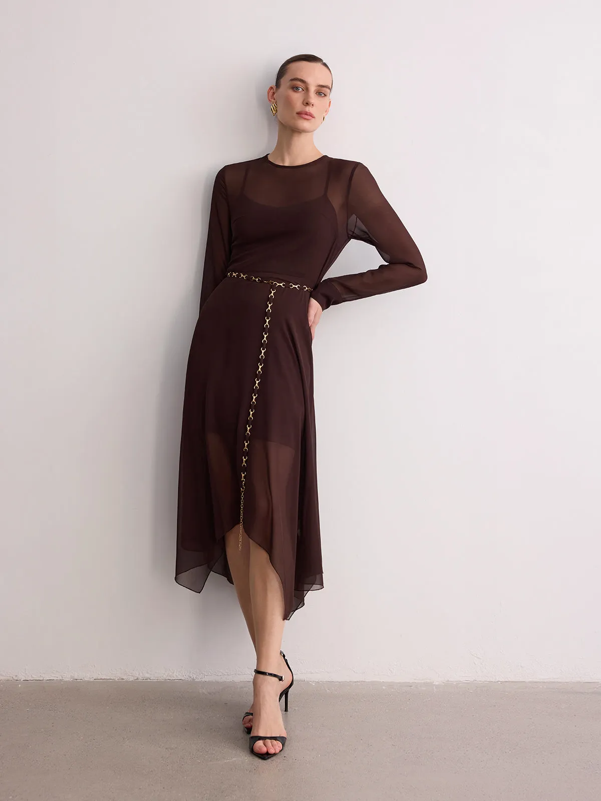 Belted Sheer Chiffon Long Sleeve Maxi Dress sold by COMMENSE product image thumbnail 2