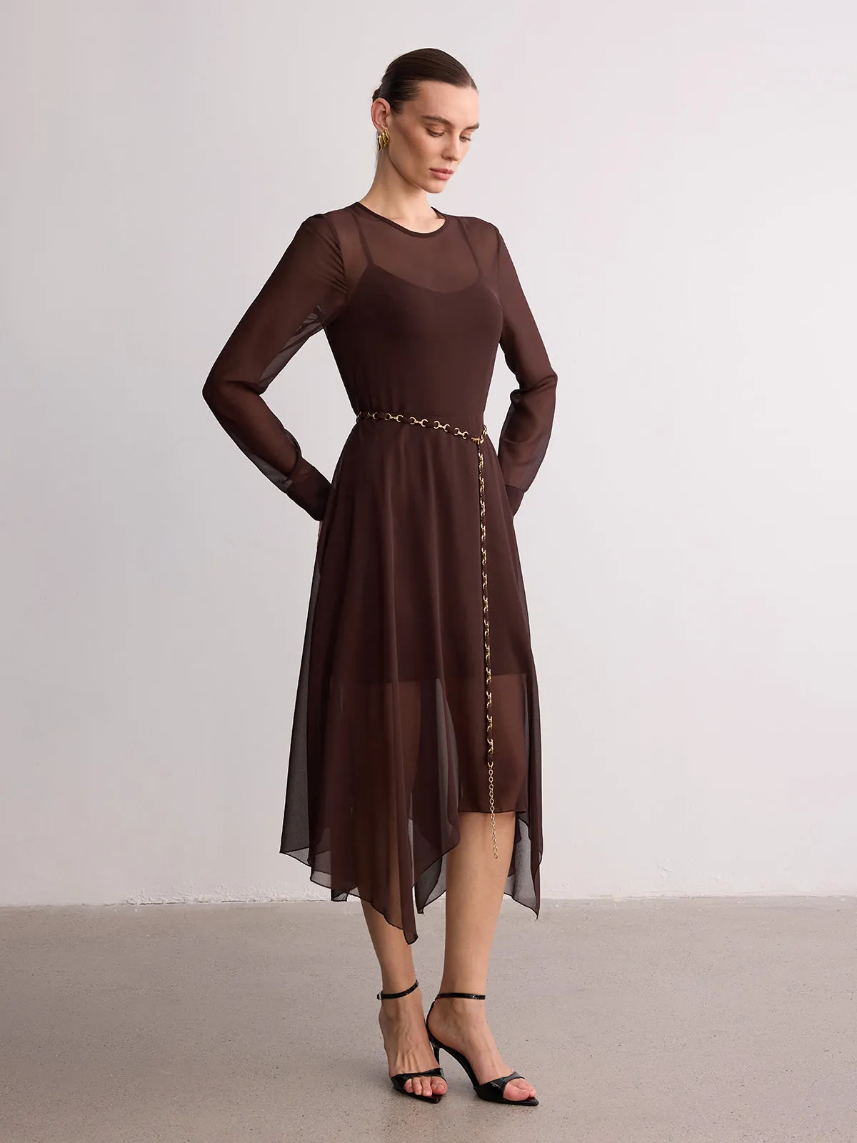 Belted Sheer Chiffon Long Sleeve Maxi Dress sold by COMMENSE product image thumbnail 3
