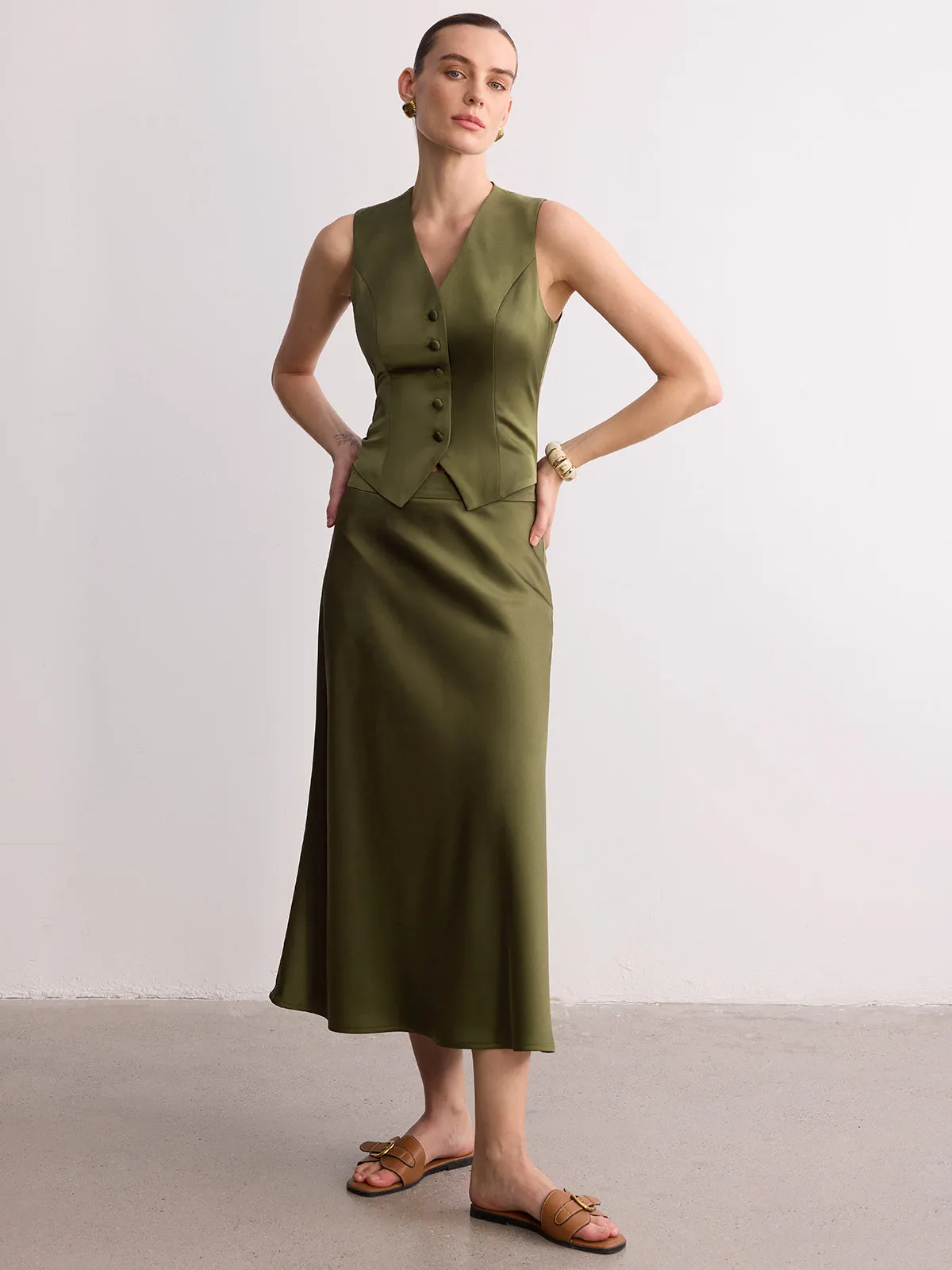 Sleeveless Satin Vest & Maxi Skirt Set sold by COMMENSE product image thumbnail 2