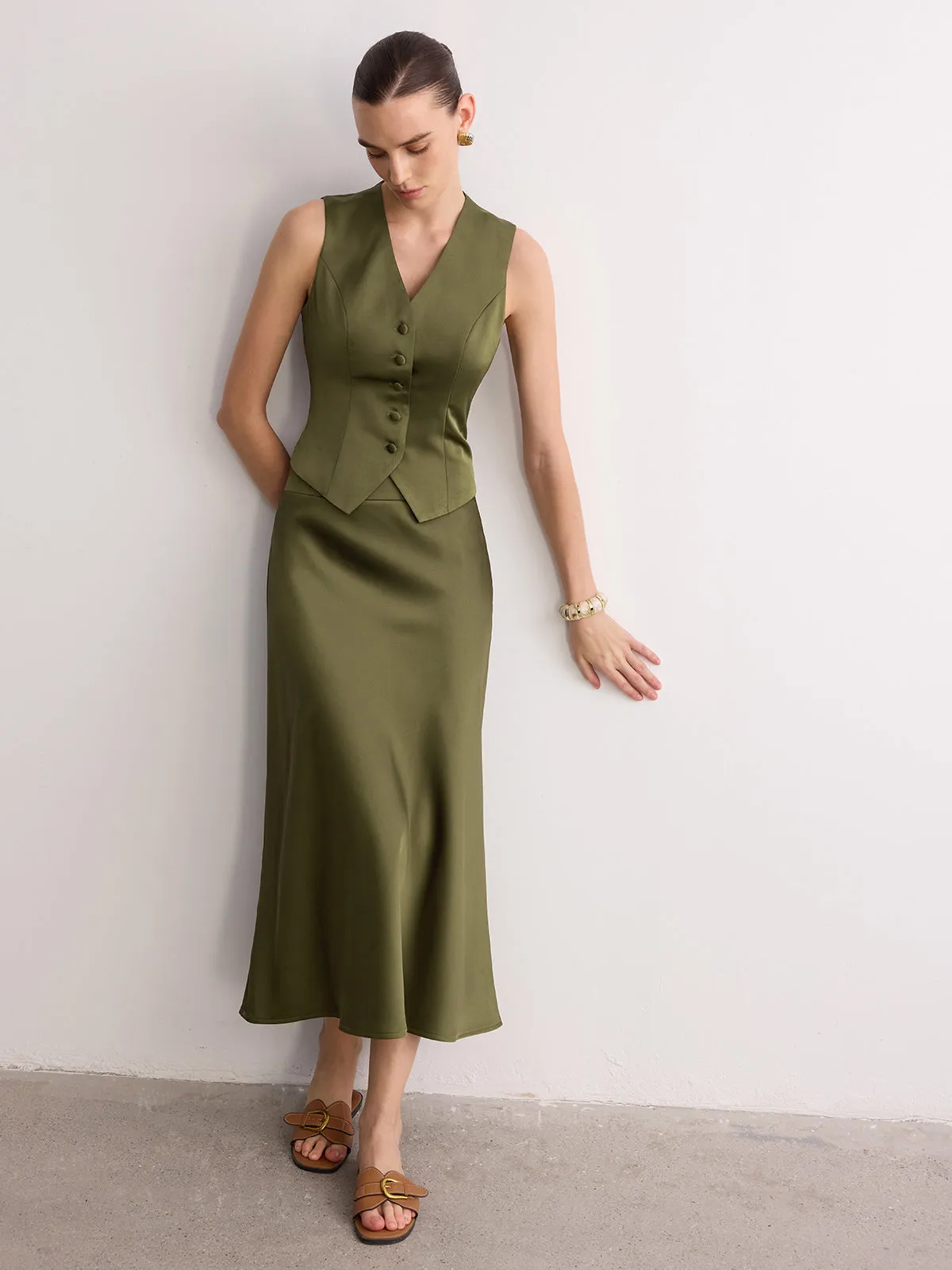 Sleeveless Satin Vest & Maxi Skirt Set sold by COMMENSE product image thumbnail 4