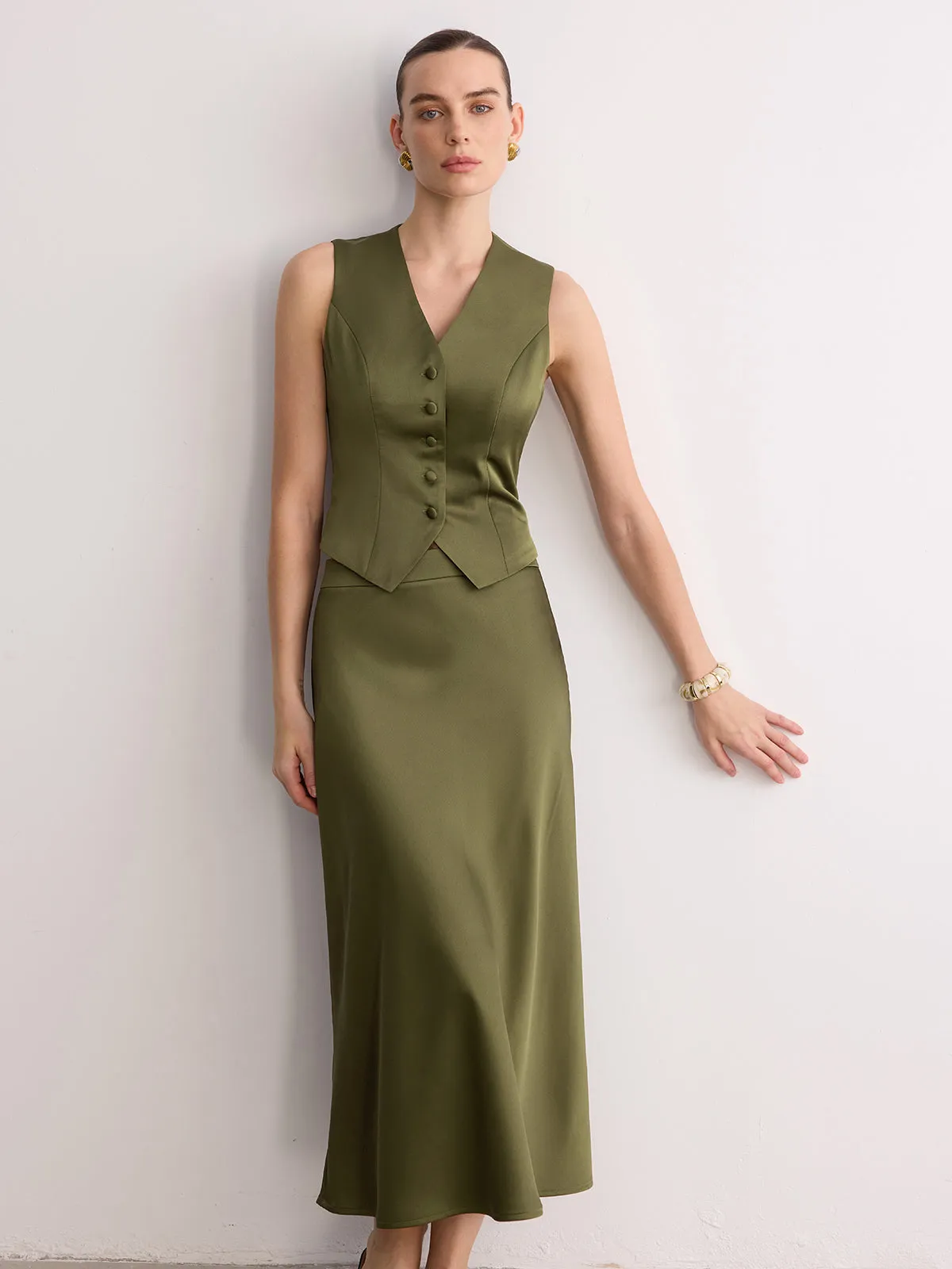 Sleeveless Satin Vest & Maxi Skirt Set sold by COMMENSE