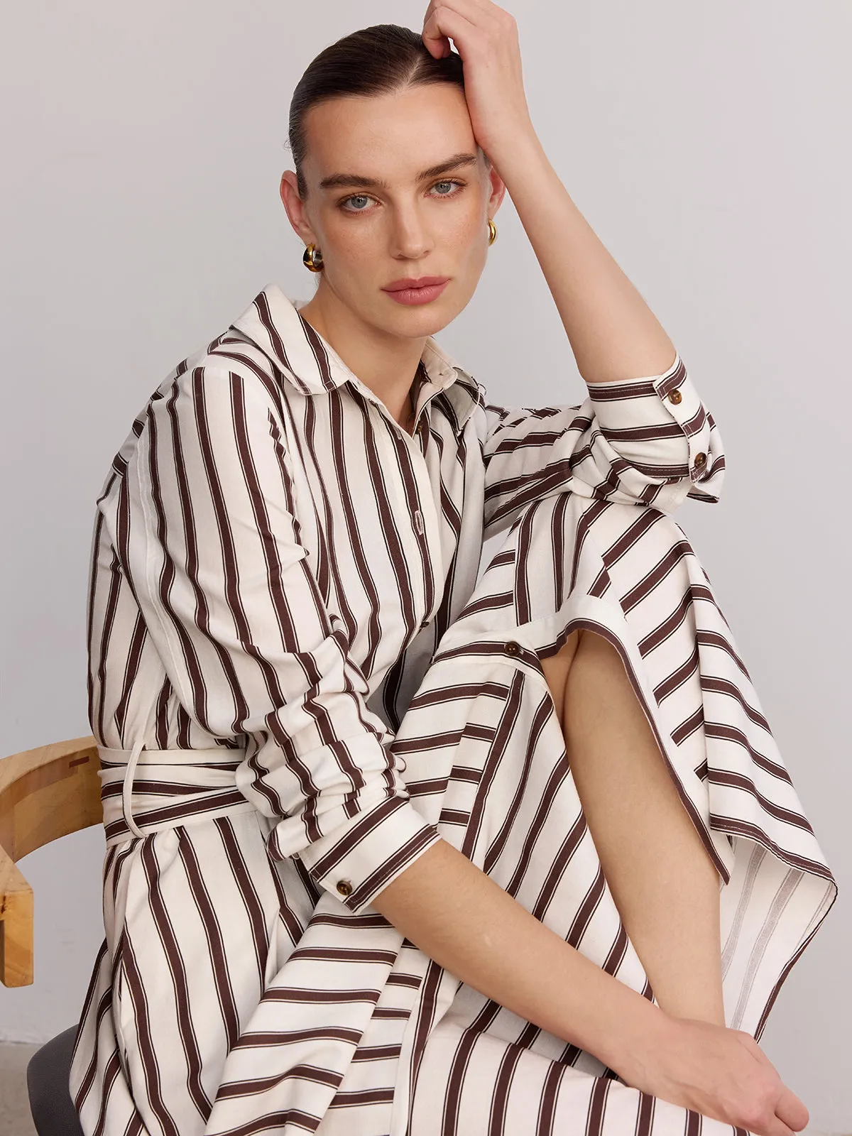 Belted Striped Shirt Dress sold by COMMENSE product image thumbnail 4