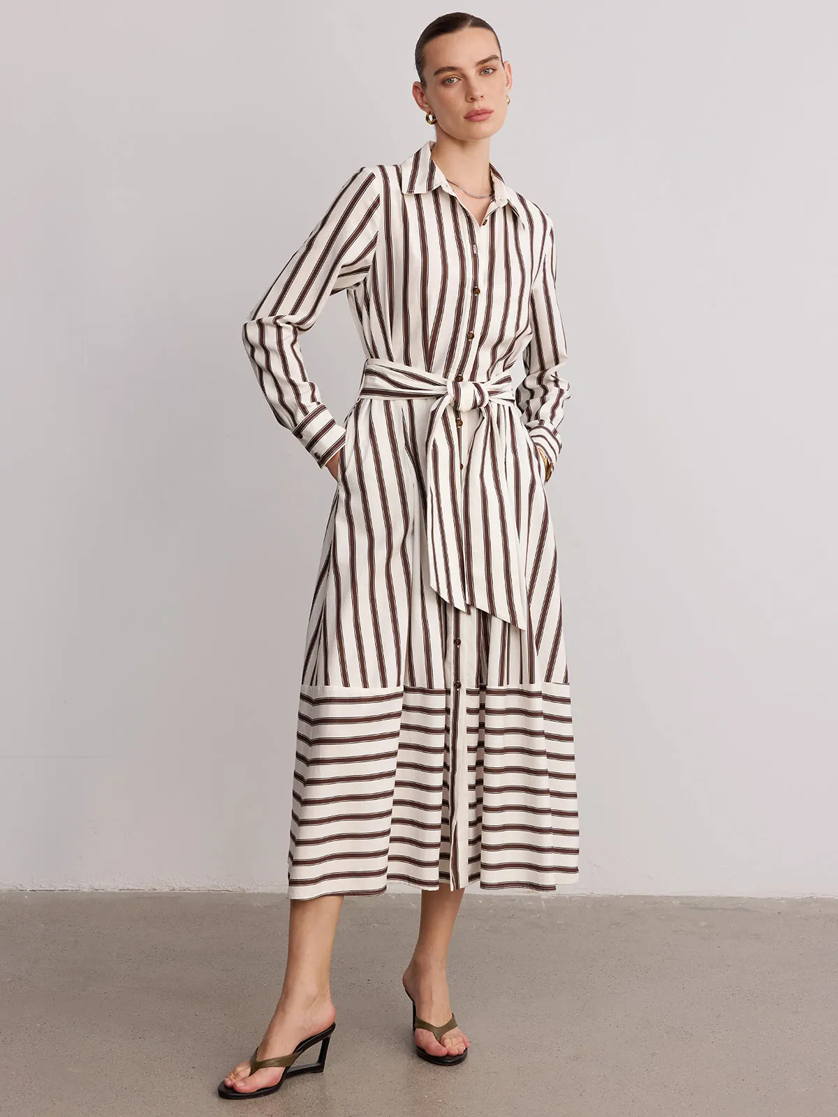 Belted Striped Shirt Dress sold by COMMENSE