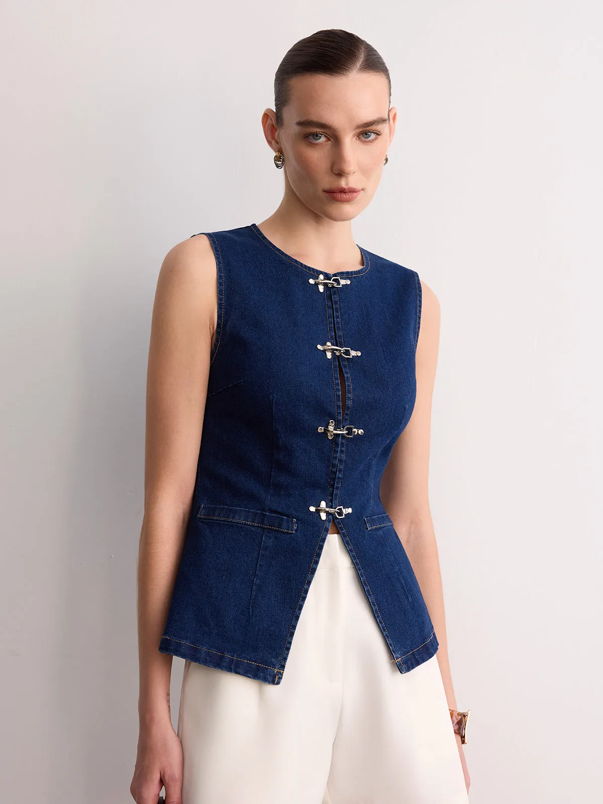 Sleeveless Denim Buckle Vest sold by COMMENSE