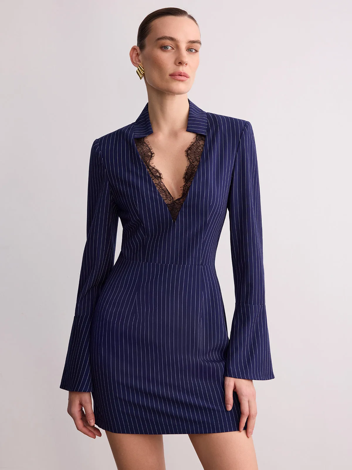 Striped Lace V-Neck Mini Dress sold by COMMENSE product image thumbnail 4