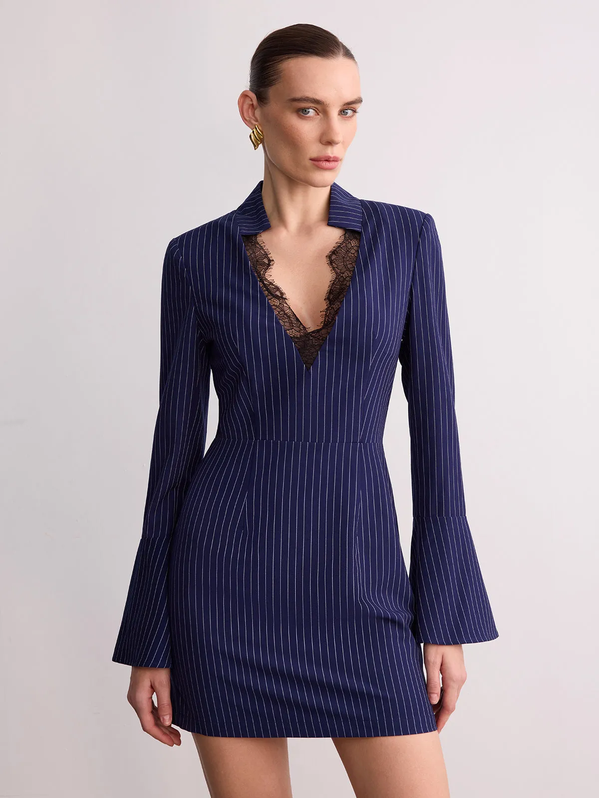 Striped Lace V-Neck Mini Dress sold by COMMENSE product image thumbnail 3