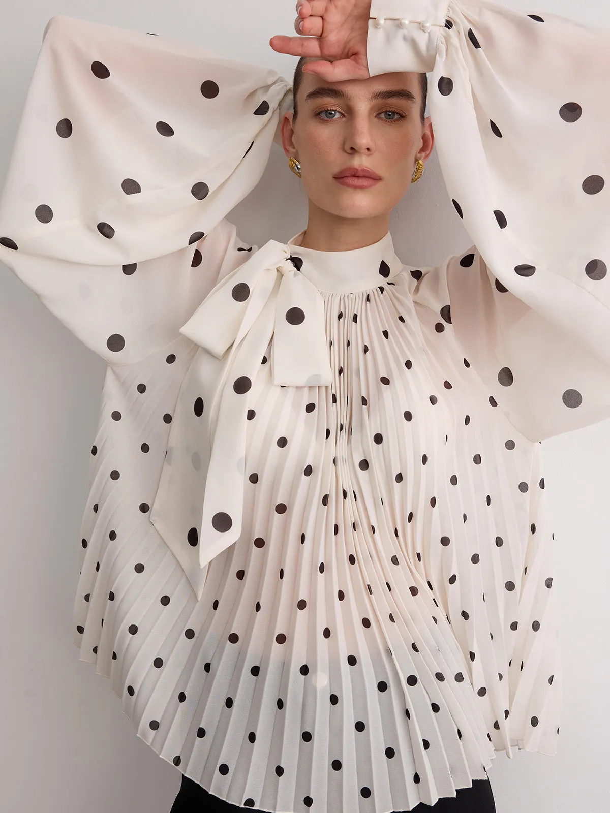 Bow Neck Pleated Polka Dot Blouse sold by COMMENSE product image thumbnail 3