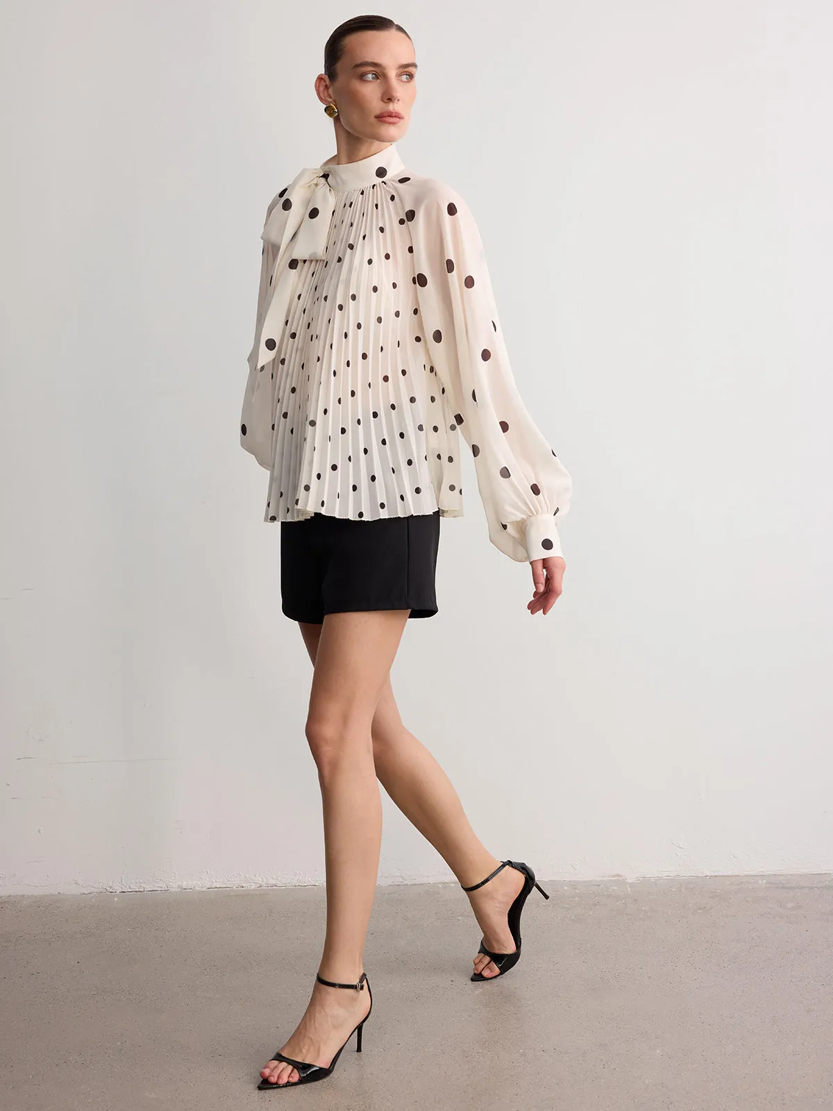 Bow Neck Pleated Polka Dot Blouse sold by COMMENSE product image thumbnail 4
