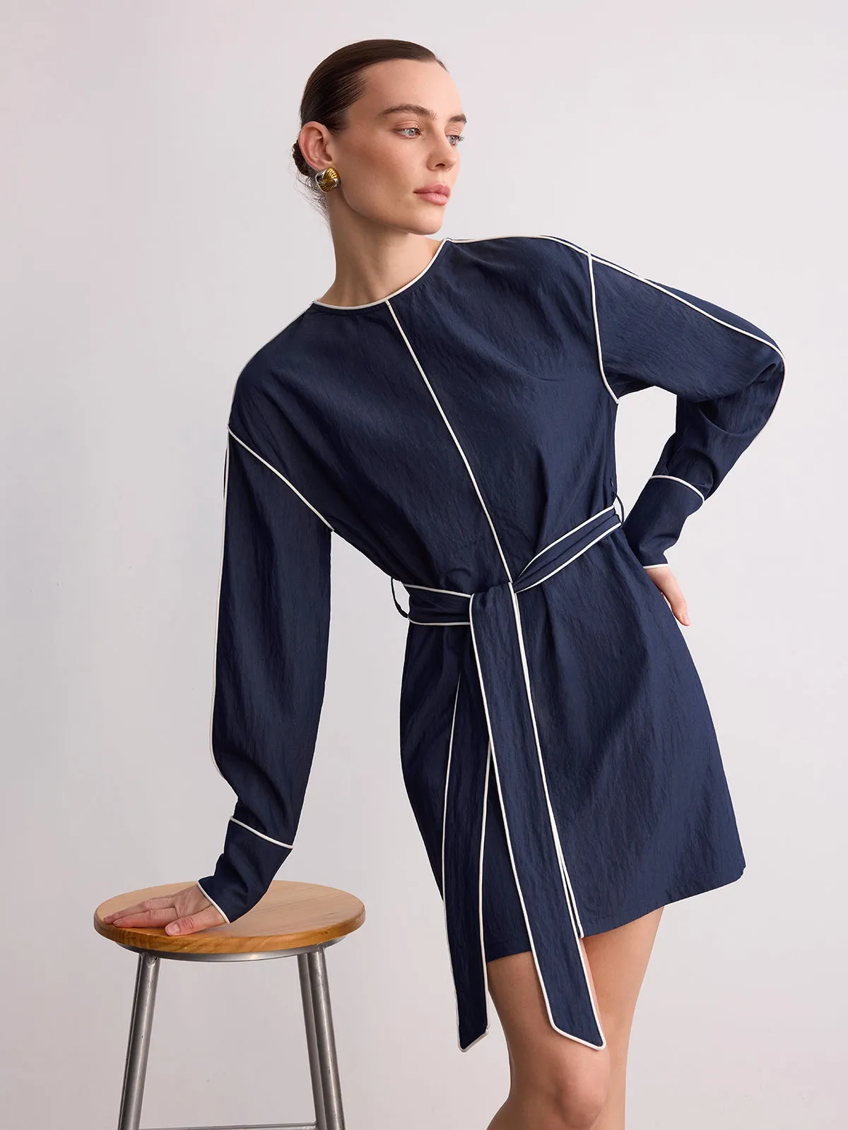 Belted Contrast Piping Long Sleeve Mini Dress sold by COMMENSE product image thumbnail 3