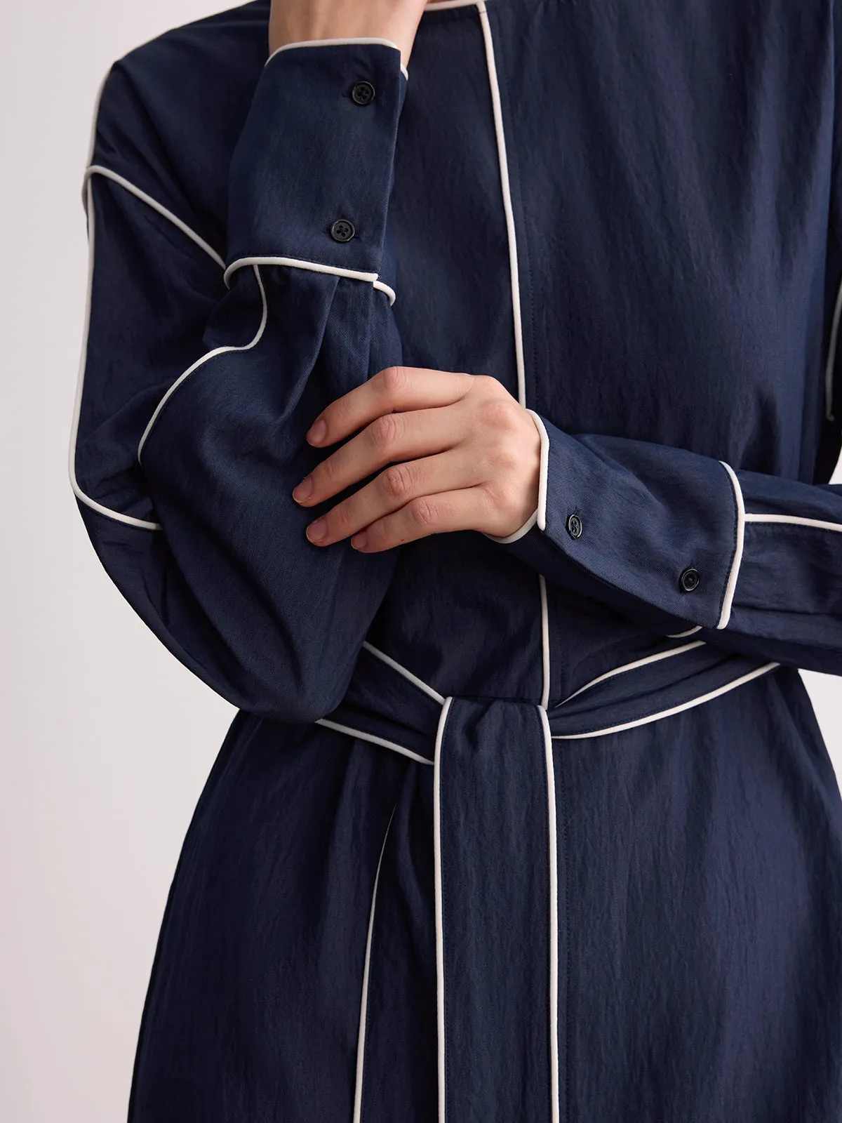 Belted Contrast Piping Long Sleeve Mini Dress sold by COMMENSE product image thumbnail 5