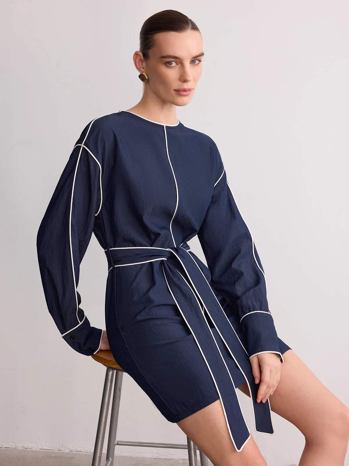 Belted Contrast Piping Long Sleeve Mini Dress sold by COMMENSE product image thumbnail 2