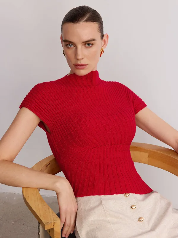 Wool Blend Ribbed Mock Neck Knit Top made by COMMENSE