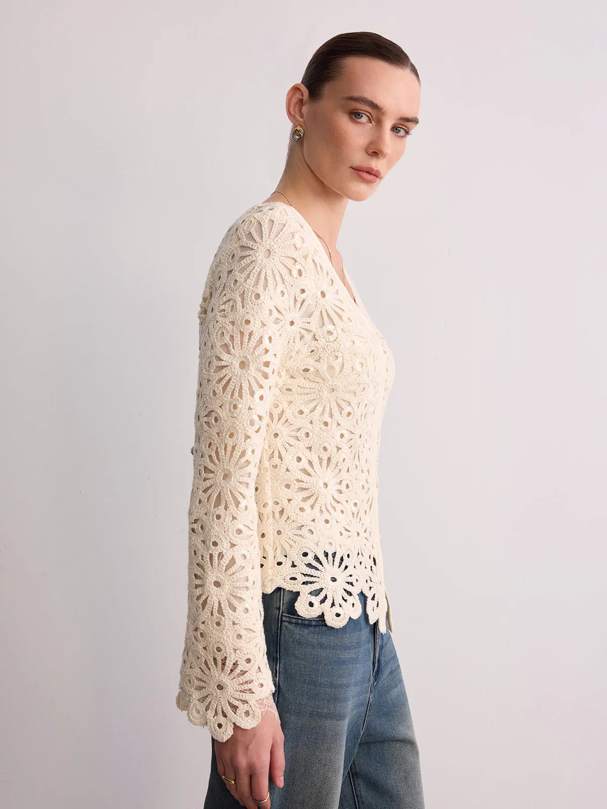 Cotton Crochet V-Neck Cardigan sold by COMMENSE product image thumbnail 3