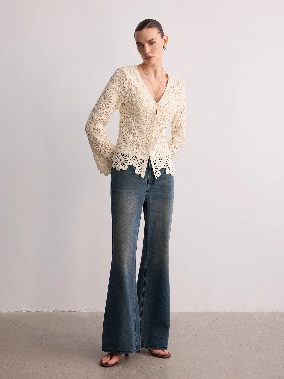 Cotton Crochet V-Neck Cardigan sold by COMMENSE product image thumbnail 4