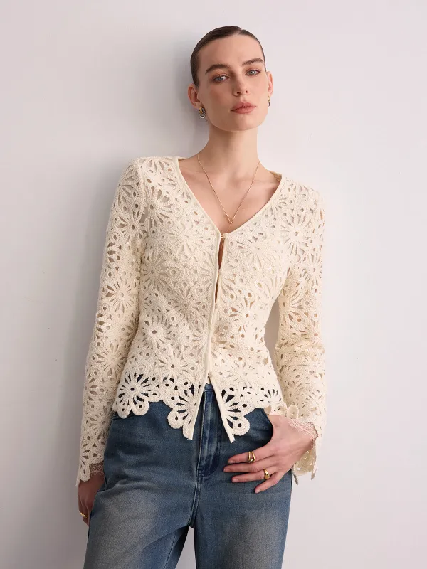 Cotton Crochet V-Neck Cardigan sold by COMMENSE