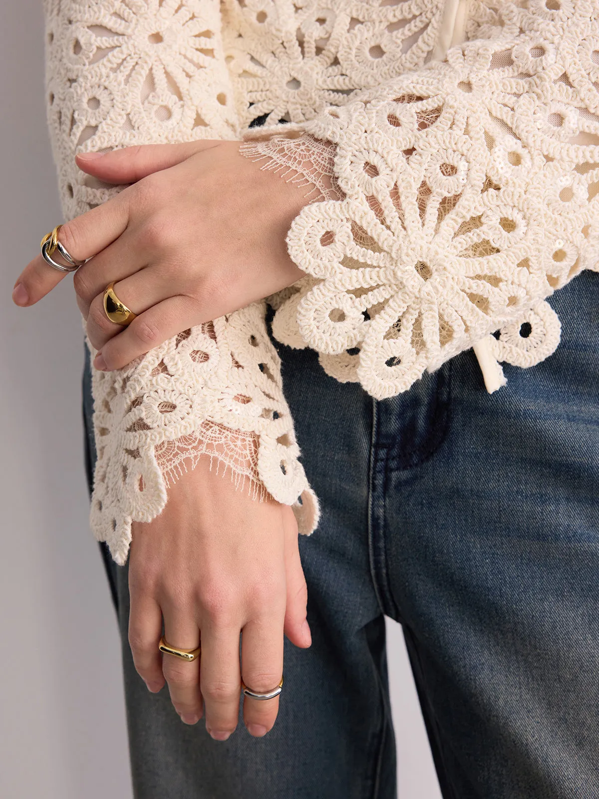 Cotton Crochet V-Neck Cardigan sold by COMMENSE product image thumbnail 5