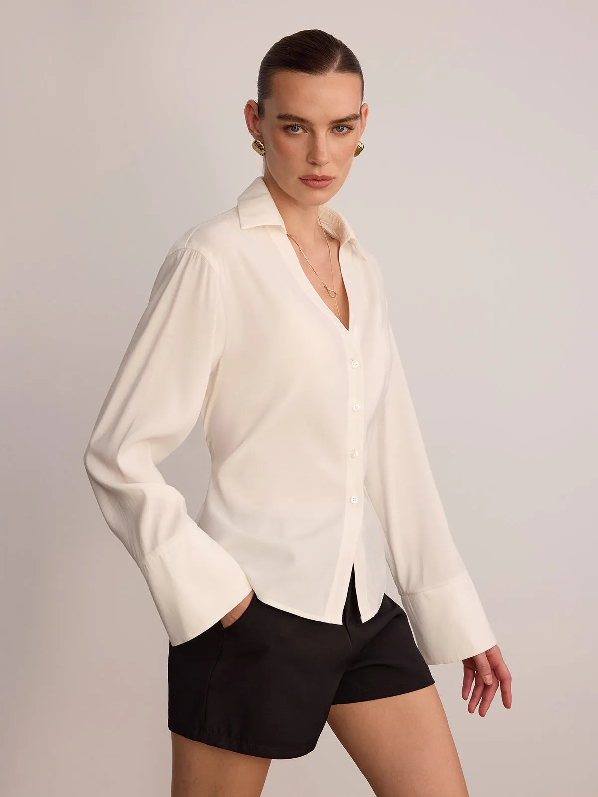 Button Front V-Neck Shirt sold by COMMENSE product image thumbnail 4